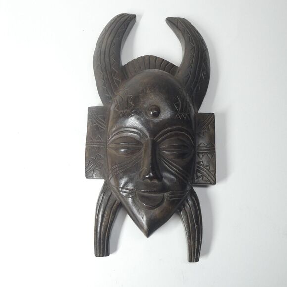 Horned Senufo Wooden Wall Mask Vintage Carved Ivory Coast Africa - Picture 1 of 11